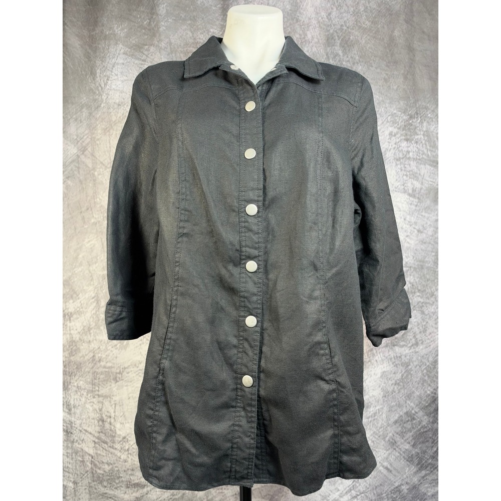 Lucy & Laurel Shirt Jacket Women 1X Black 100% Linen Snap Front 3/4 Sleeve
